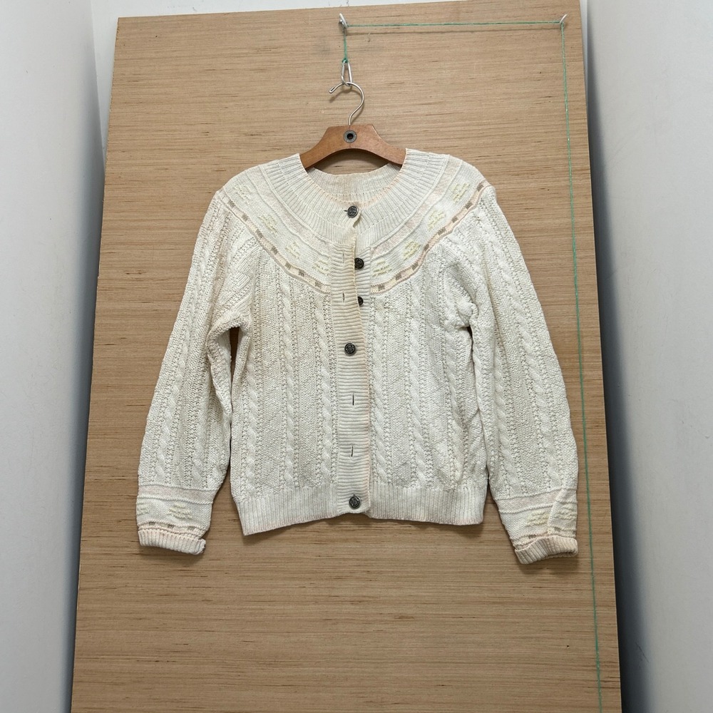 Jennifer Hill Vintage Cable Knit Cardigan Cream Pastel Embroidered Sweater 6655